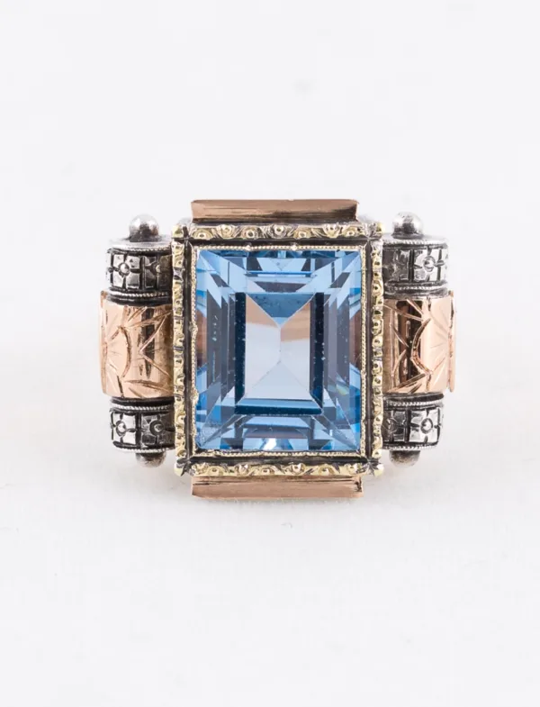 Bague Art Déco Spinelle Bleue Or & Argent